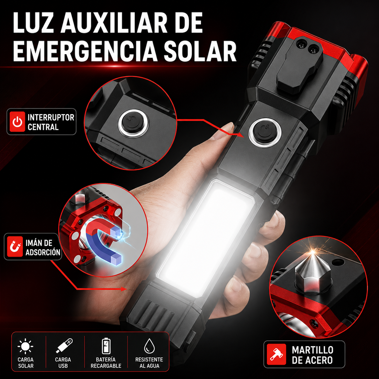 LINTERNA MARTILLO 6 EN 1 + BONUS LENTES